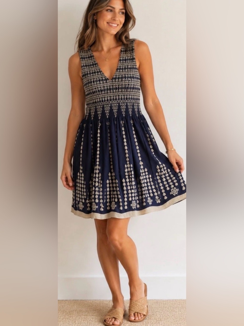 Max Studio Specialty Products Navy Cream Patterned Mini Sleeveless Dress XS